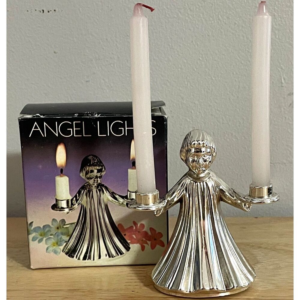 Vintage Angel Lights Silver Tone Double Candle Holder Japan Christmas w/ Box